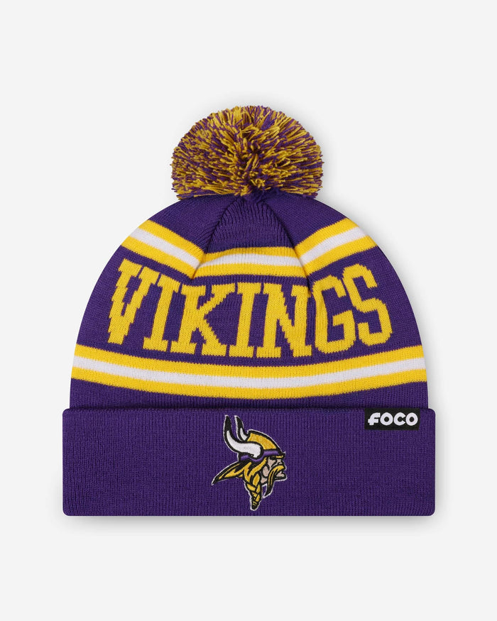 Minnesota Vikings Primary Logo Stripe Pom Beanie FOCO - FOCO.com