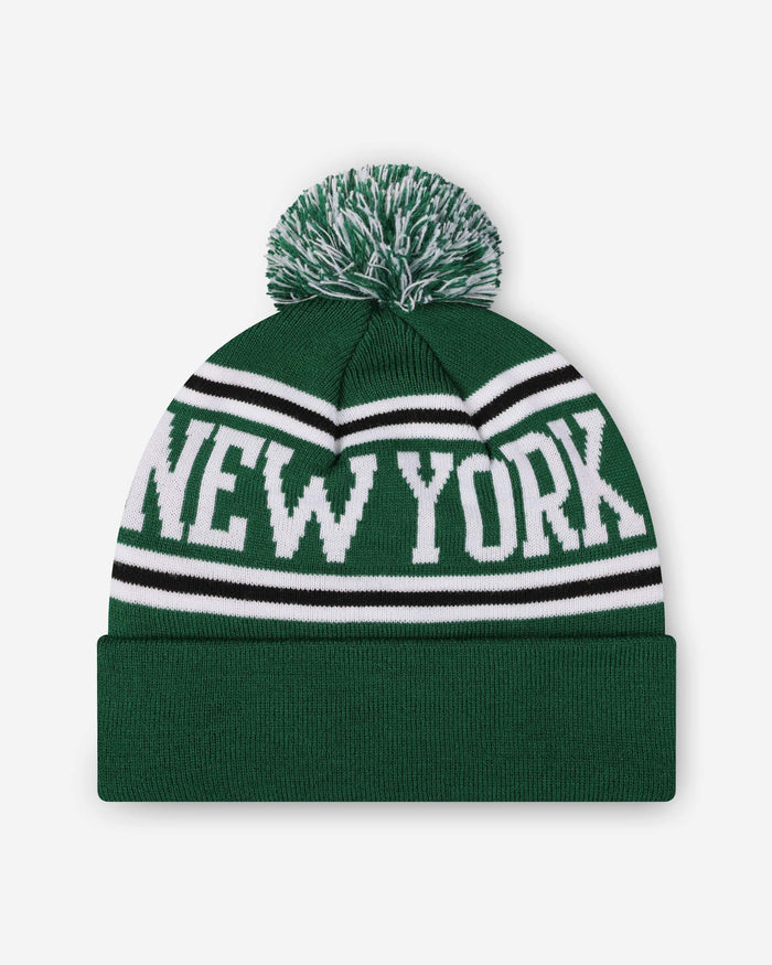 New York Jets Primary Logo Stripe Pom Beanie FOCO - FOCO.com