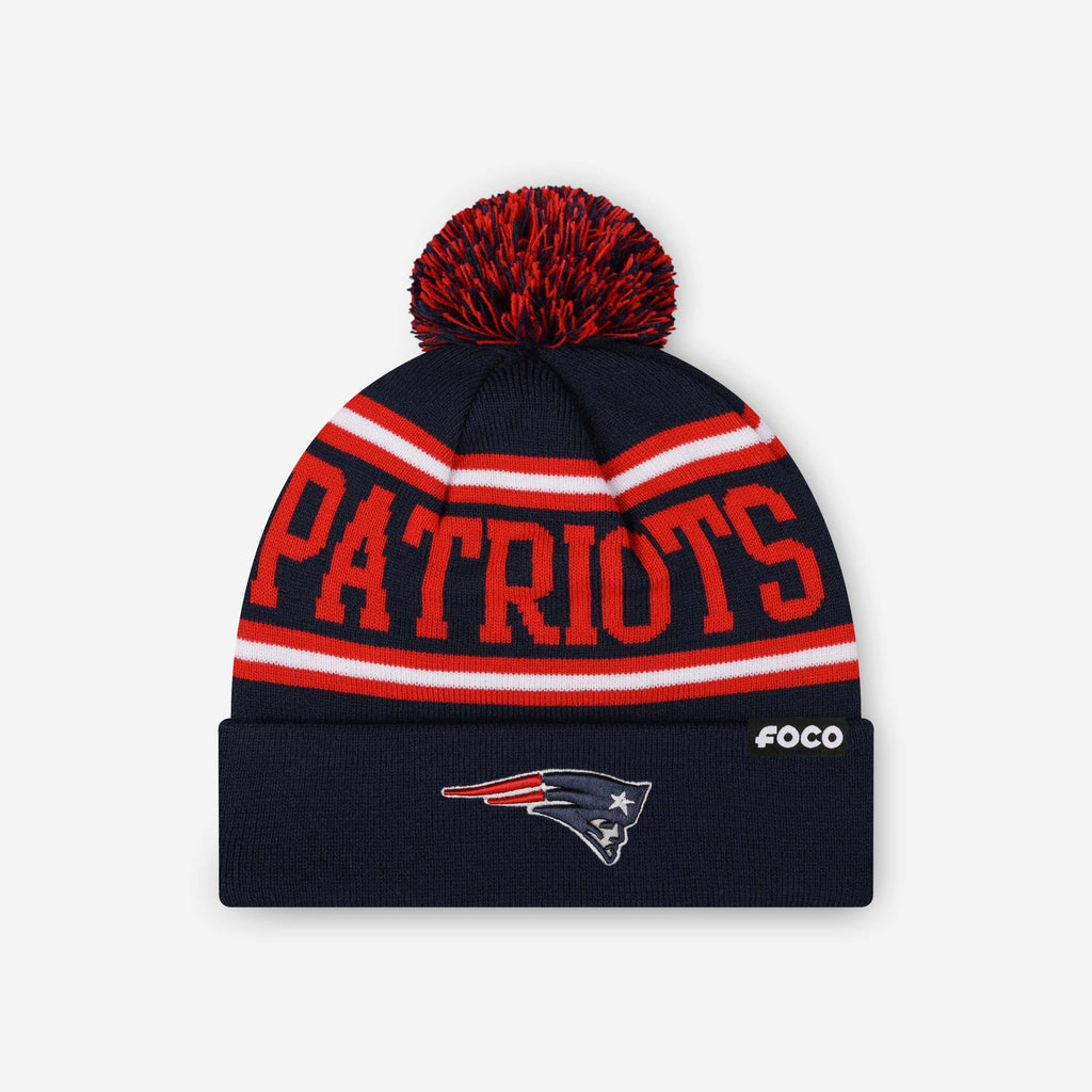 New England Patriots Primary Logo Stripe Pom Beanie FOCO - FOCO.com