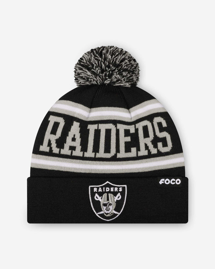 Las Vegas Raiders Primary Logo Stripe Pom Beanie FOCO - FOCO.com