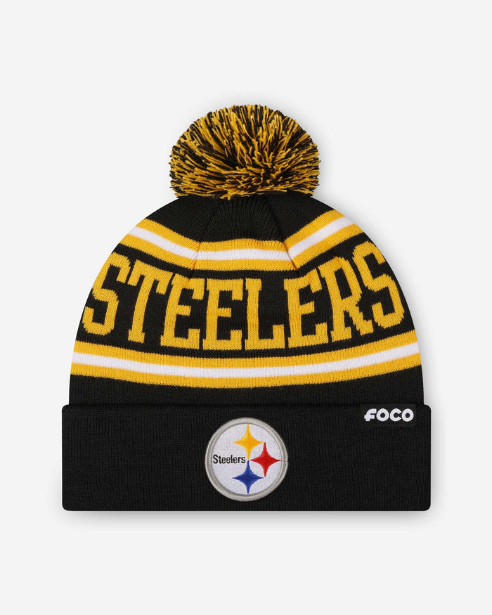 Pittsburgh Steelers Primary Logo Stripe Pom Beanie FOCO - FOCO.com