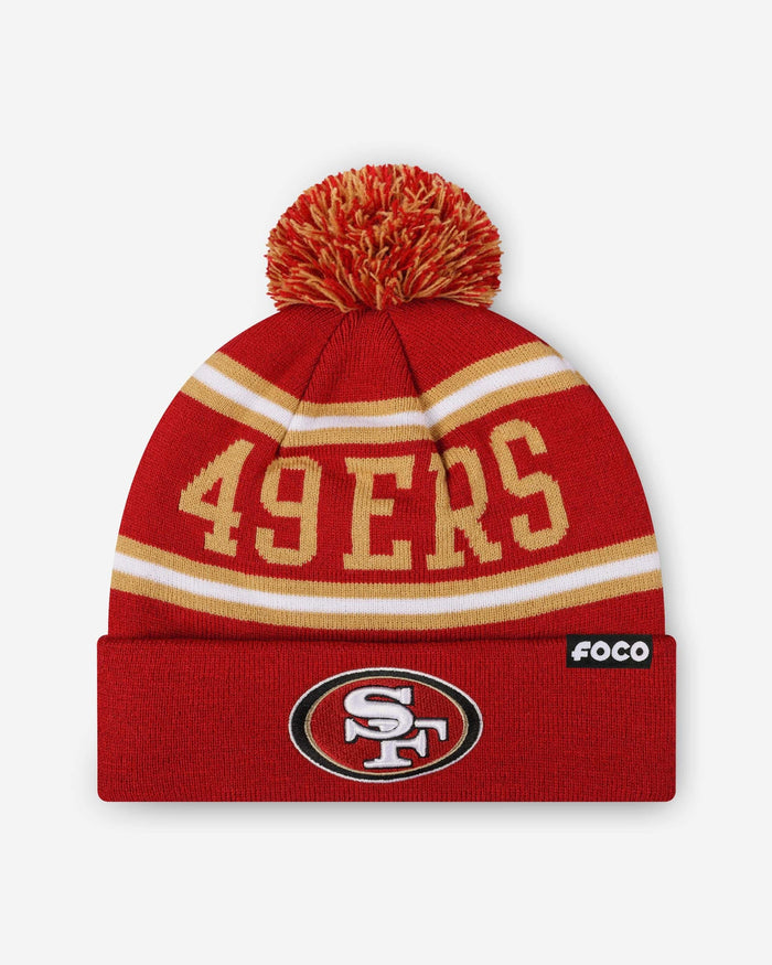 San Francisco 49ers Primary Logo Stripe Pom Beanie FOCO - FOCO.com