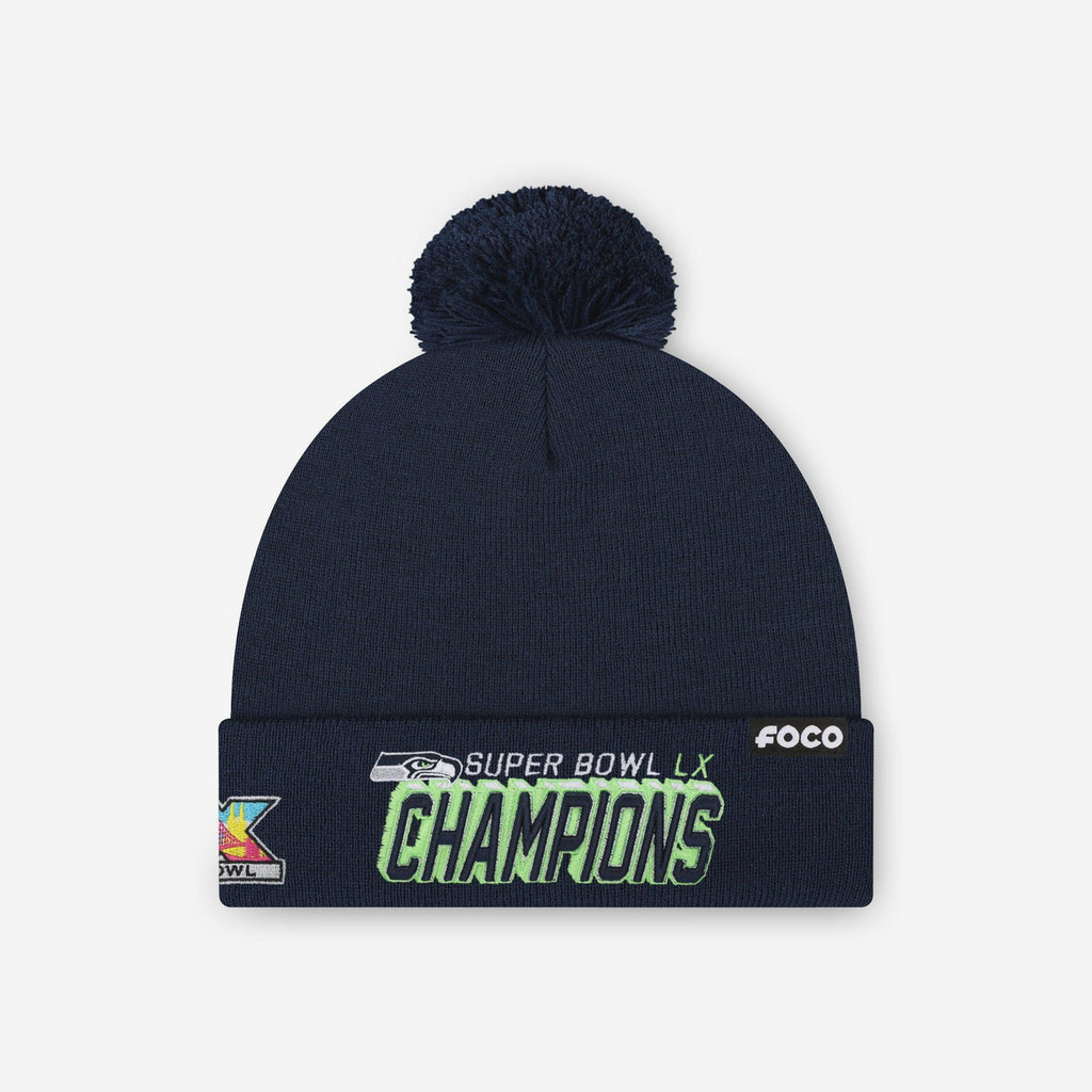 Seattle Seahawks Super Bowl LX Champions Basic Primary Logo Pom Beanie FOCO - FOCO.com