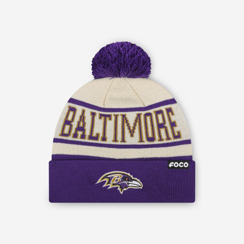 Baltimore Ravens Heritage Stripe Primary Logo Pom Beanie FOCO - FOCO.com