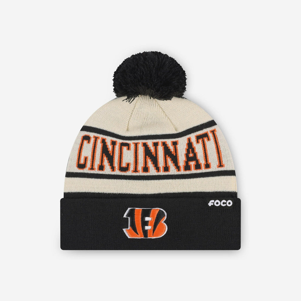Cincinnati Bengals Heritage Stripe Primary Logo Pom Beanie FOCO - FOCO.com
