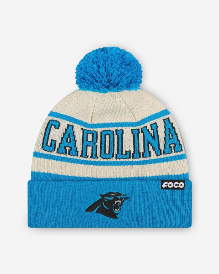Carolina Panthers Heritage Stripe Primary Logo Pom Beanie FOCO - FOCO.com