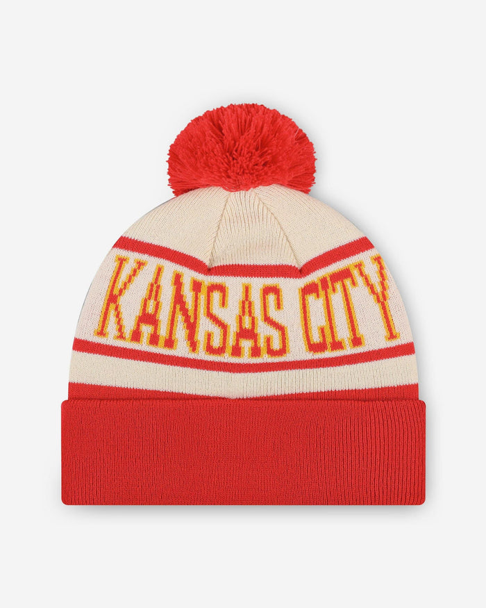Kansas City Chiefs Heritage Stripe Primary Logo Pom Beanie FOCO - FOCO.com