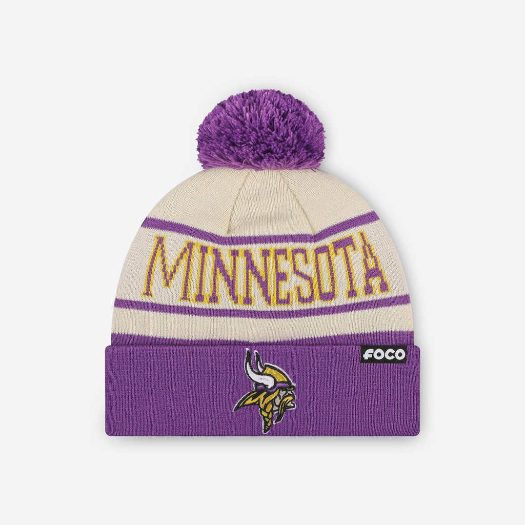 Minnesota Vikings Heritage Stripe Primary Logo Pom Beanie FOCO - FOCO.com