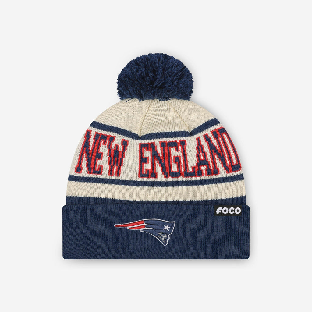 New England Patriots Heritage Stripe Primary Logo Pom Beanie FOCO - FOCO.com