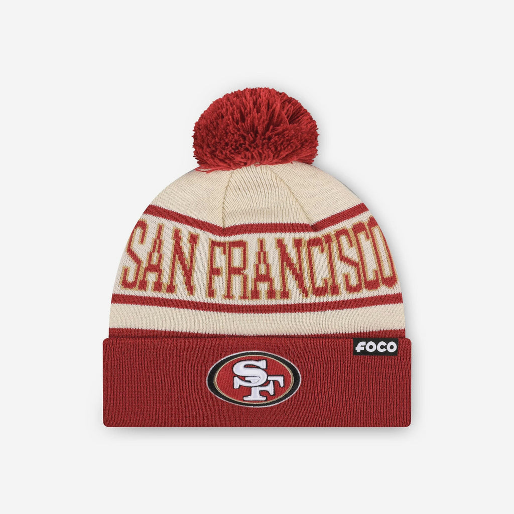 San Francisco 49ers Heritage Stripe Primary Logo Pom Beanie FOCO - FOCO.com