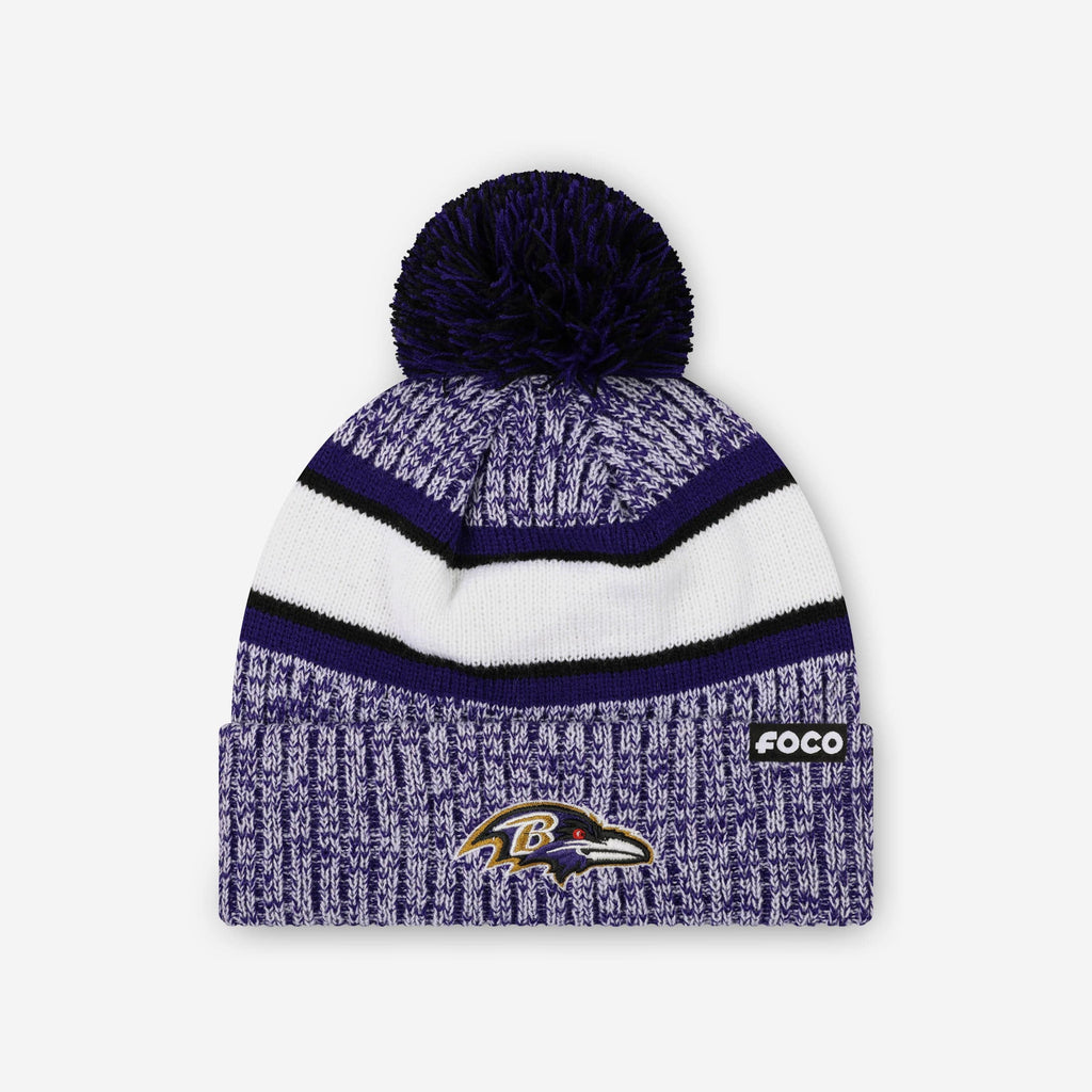 Baltimore Ravens Heather Team Stripe Lined Pom Beanie FOCO - FOCO.com