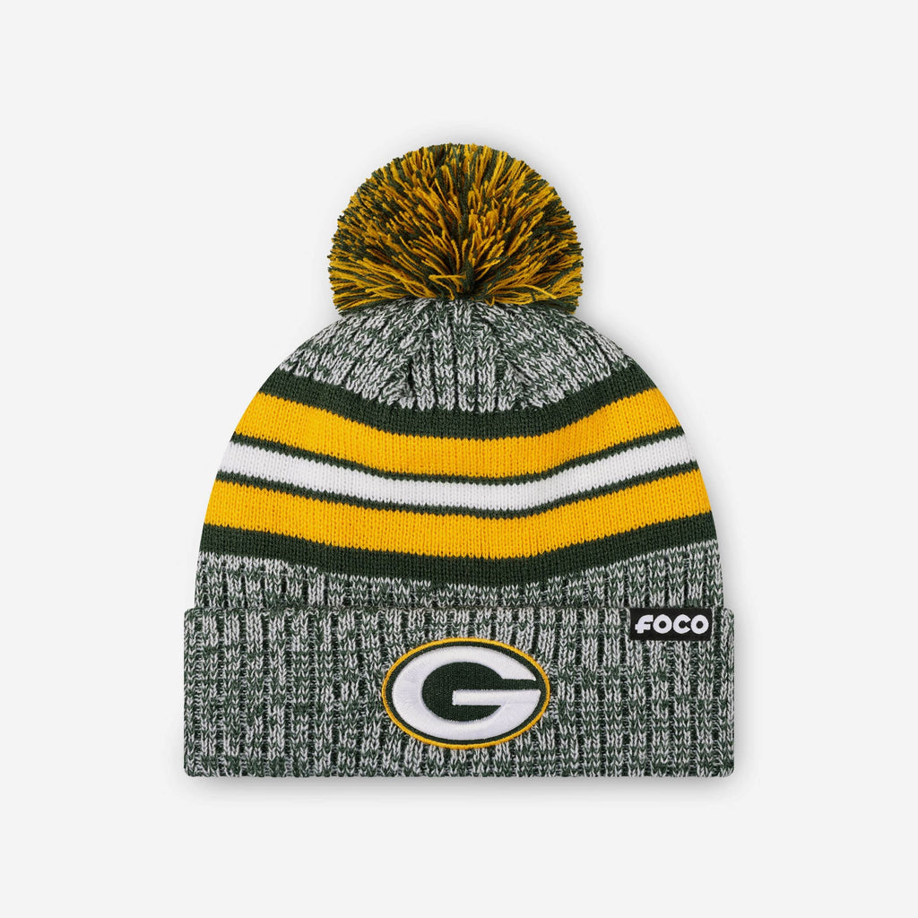 Green Bay Packers Heather Team Stripe Lined Pom Beanie FOCO - FOCO.com