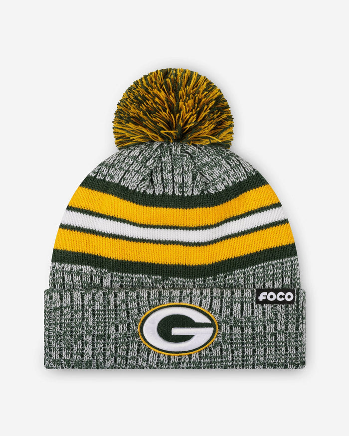 Green Bay Packers Heather Team Stripe Lined Pom Beanie FOCO - FOCO.com