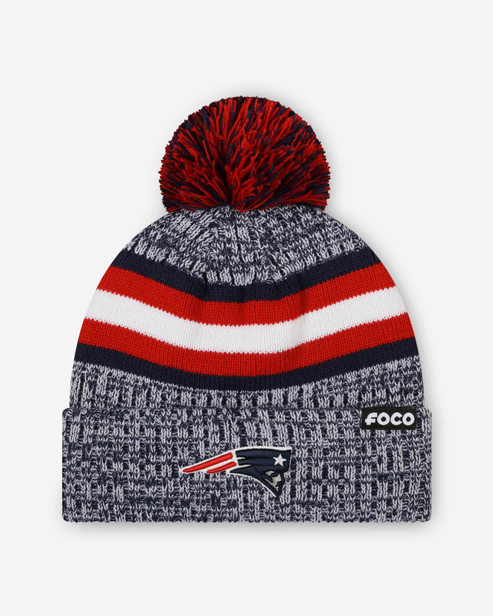 New England Patriots Heather Team Stripe Lined Pom Beanie FOCO - FOCO.com