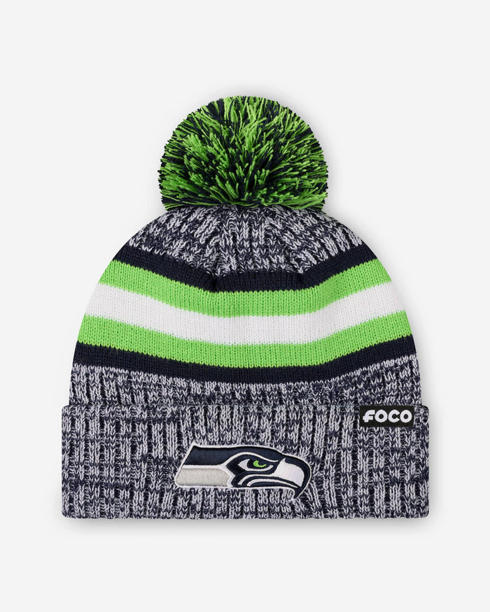 Seattle Seahawks Heather Team Stripe Lined Pom Beanie FOCO - FOCO.com