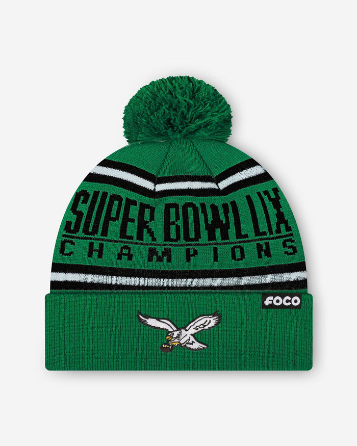 Philadelphia Eagles Super Bowl LIX Champions Kelly Green Retro Logo Stripe Pom Beanie FOCO - FOCO.com