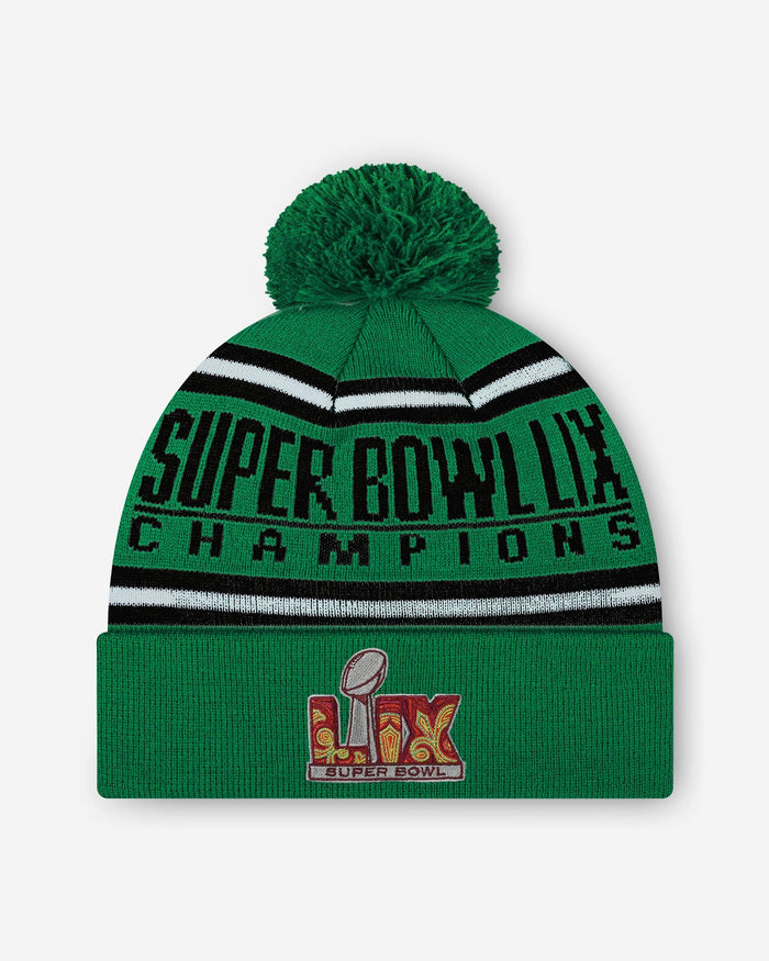 Philadelphia Eagles Super Bowl LIX Champions Kelly Green Retro Logo Stripe Pom Beanie FOCO - FOCO.com