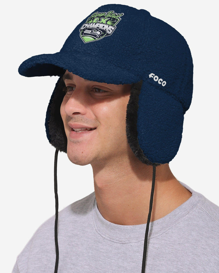 Seattle Seahawks Super Bowl LX Champions Sherpa Trapper Cap FOCO - FOCO.com