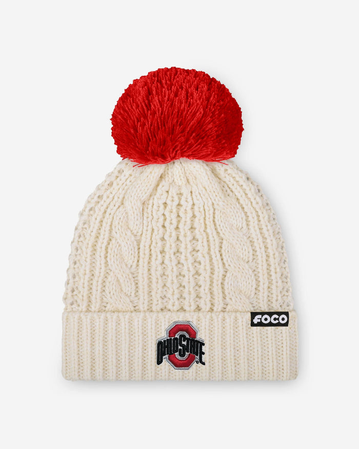 Ohio State Buckeyes Womens Primary Logo White Cable Knit Pom Beanie FOCO - FOCO.com