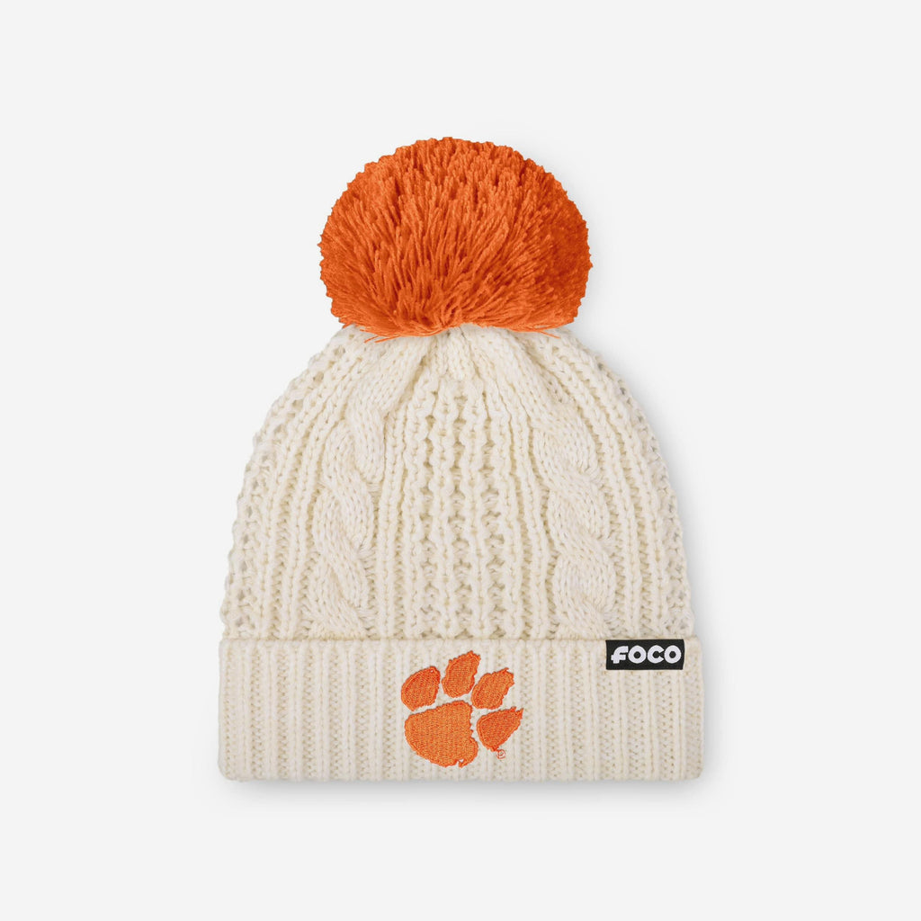 Clemson Tigers Womens Primary Logo White Cable Knit Pom Beanie FOCO - FOCO.com