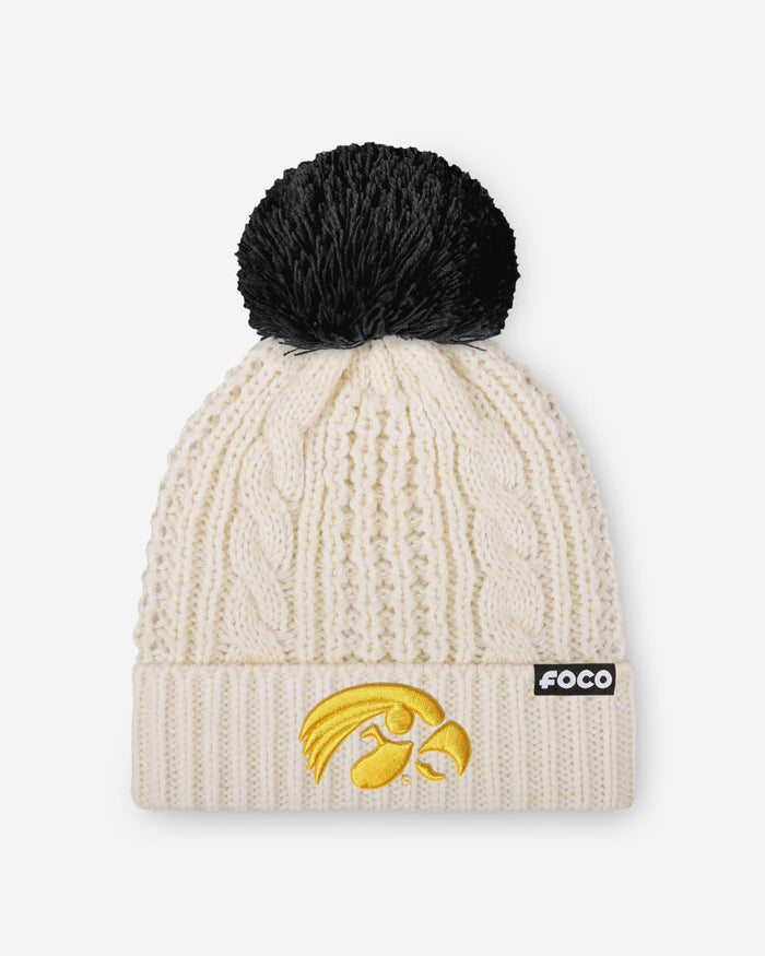 Iowa Hawkeyes Womens Primary Logo White Cable Knit Pom Beanie FOCO - FOCO.com