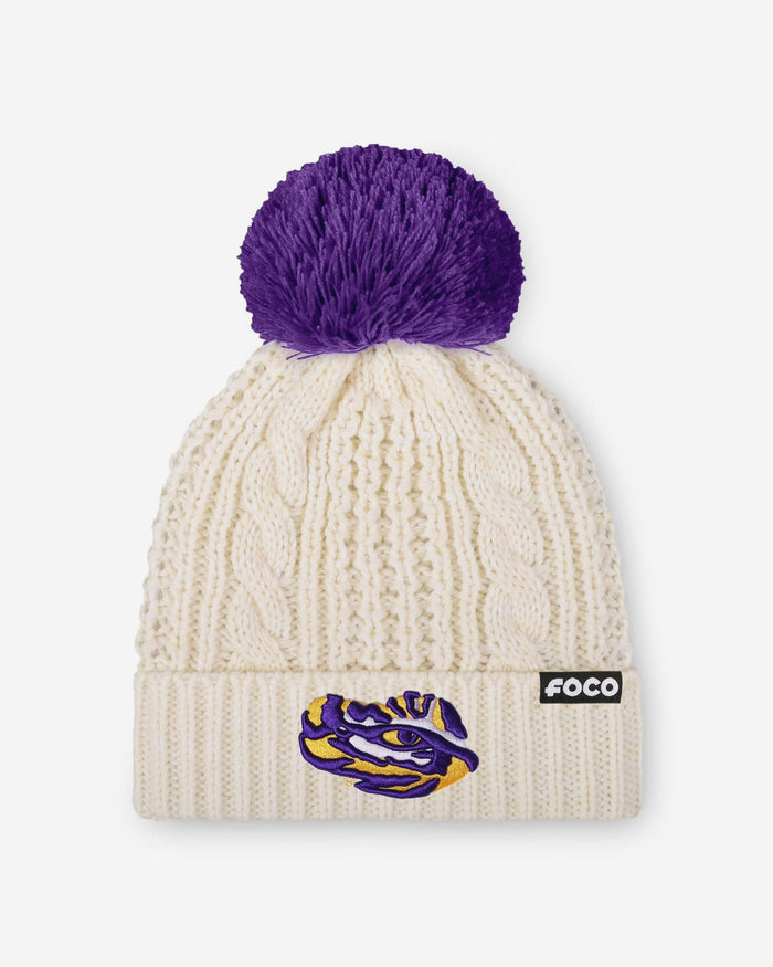 LSU Tigers Womens Primary Logo White Cable Knit Pom Beanie FOCO - FOCO.com