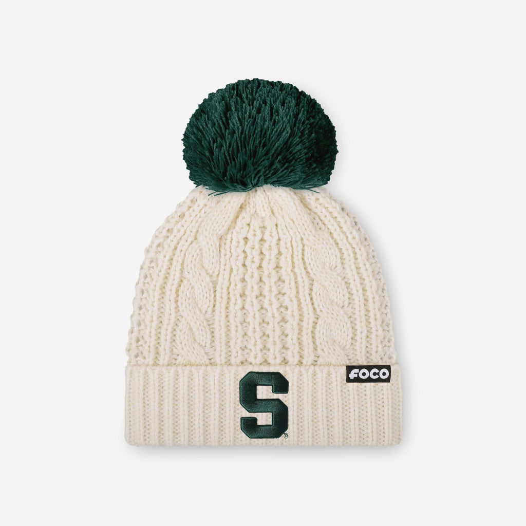 Michigan State Spartans Womens Primary Logo White Cable Knit Pom Beanie FOCO - FOCO.com