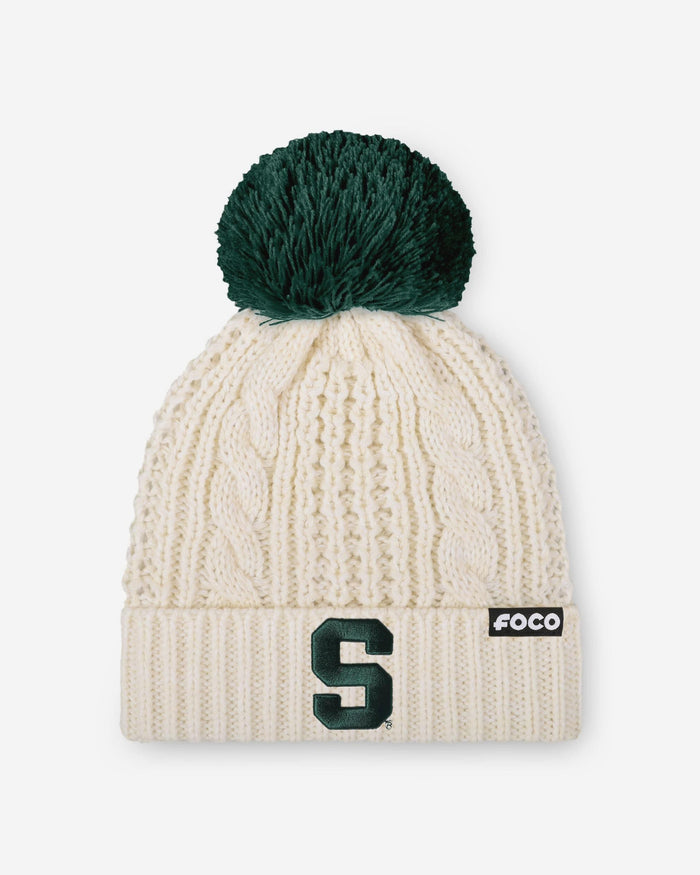 Michigan State Spartans Womens Primary Logo White Cable Knit Pom Beanie FOCO - FOCO.com