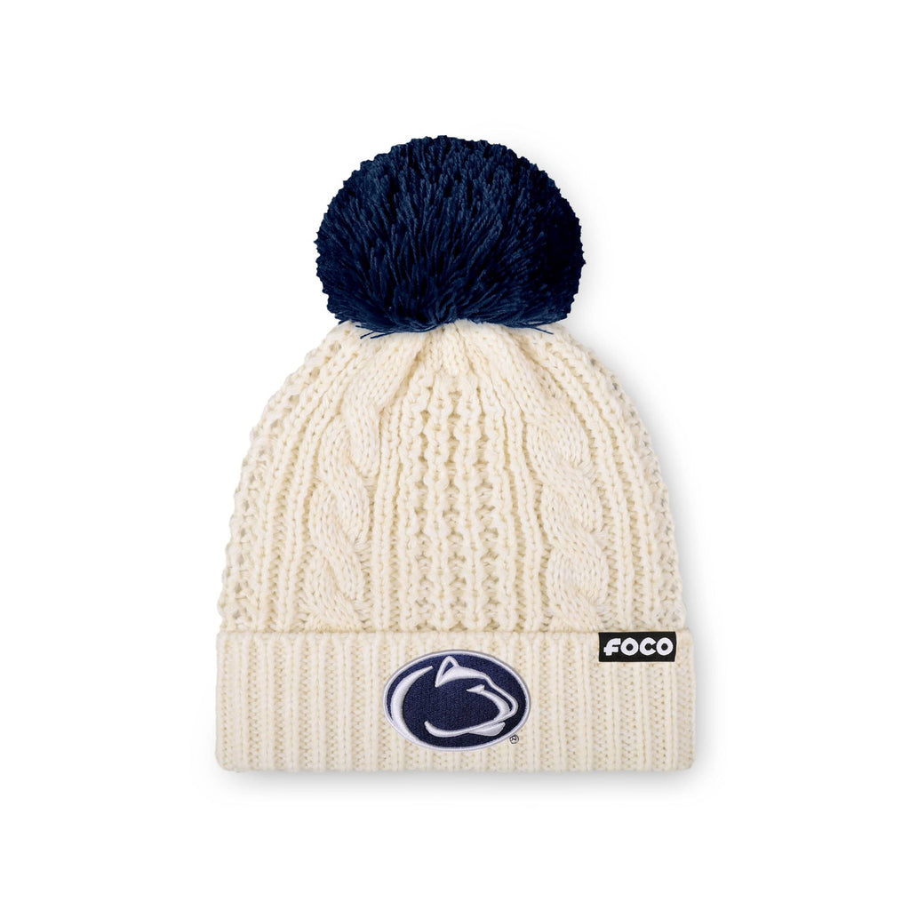 Penn State Nittany Lions Womens Primary Logo White Cable Knit Pom Beanie