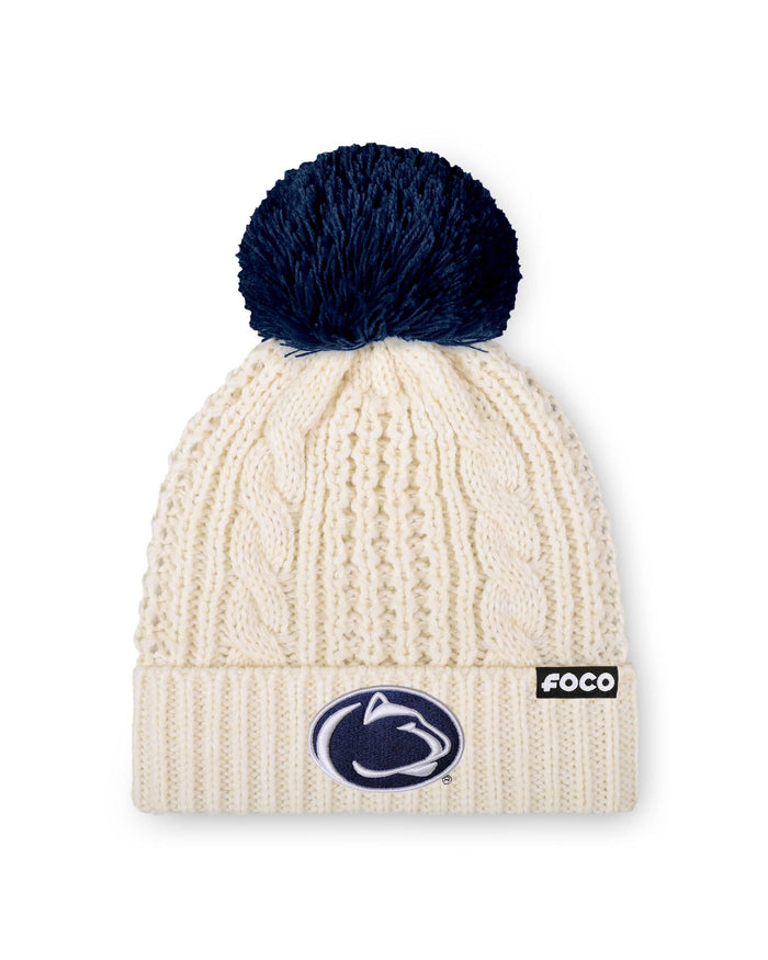 Penn State Nittany Lions Womens Primary Logo White Cable Knit Pom Beanie