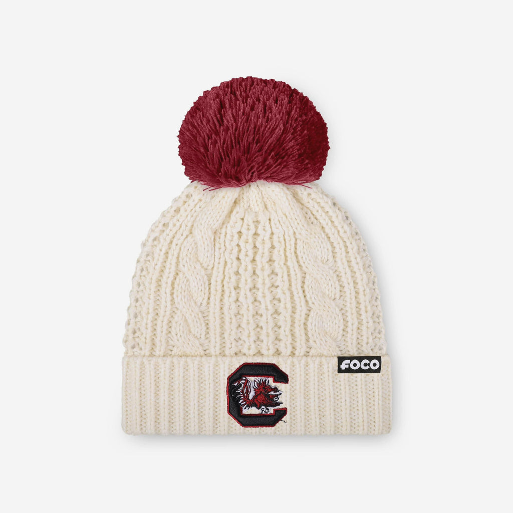 South Carolina Gamecocks Womens Primary Logo White Cable Knit Pom Beanie FOCO - FOCO.com