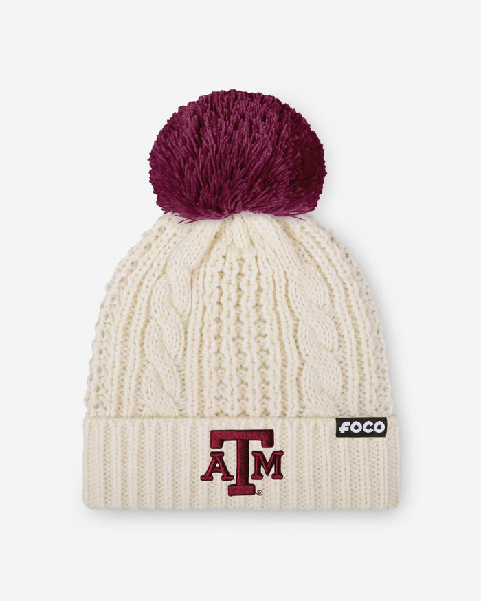 Texas A&M Aggies Womens Primary Logo White Cable Knit Pom Beanie FOCO - FOCO.com