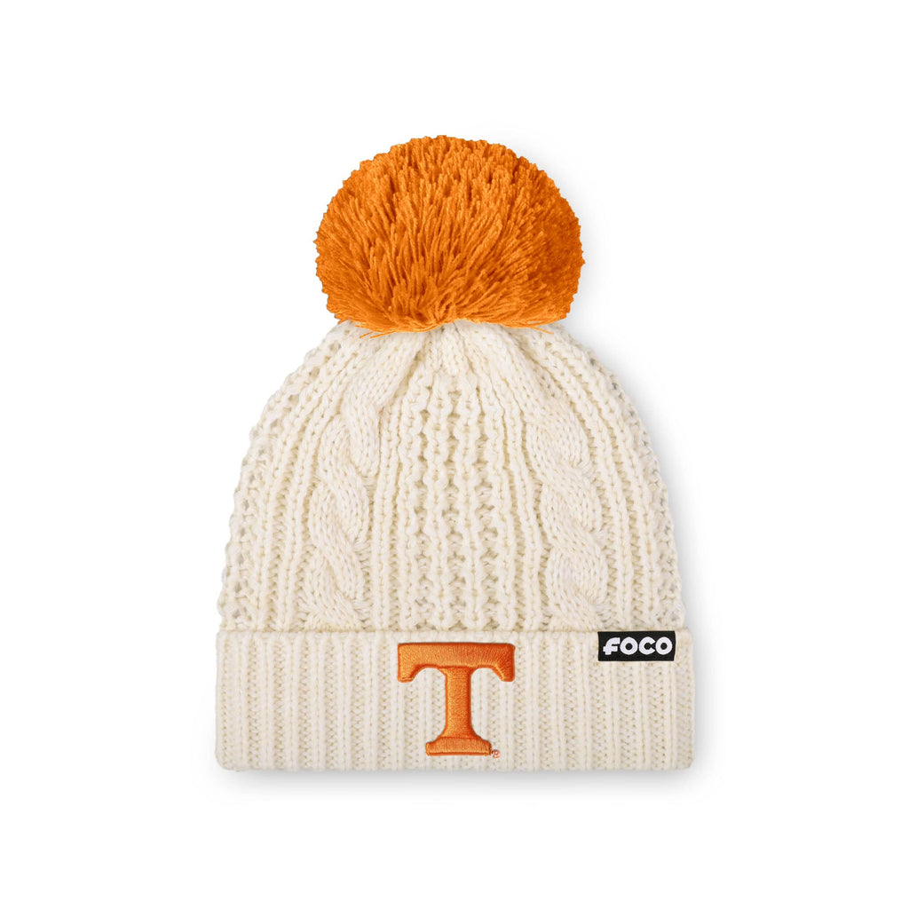 Tennessee Volunteers Womens Primary Logo White Cable Knit Pom Beanie