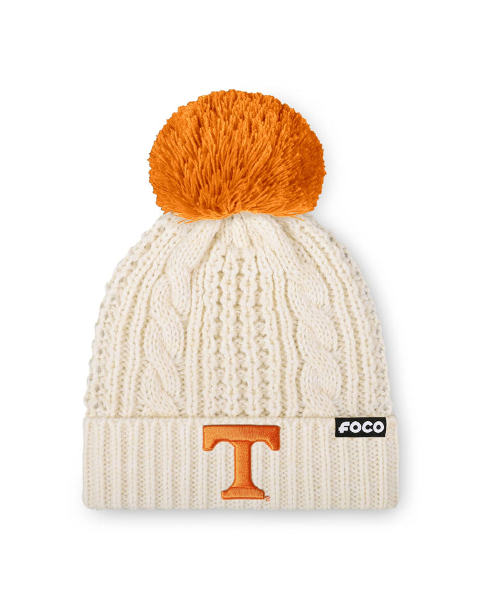 Tennessee Volunteers Womens Primary Logo White Cable Knit Pom Beanie
