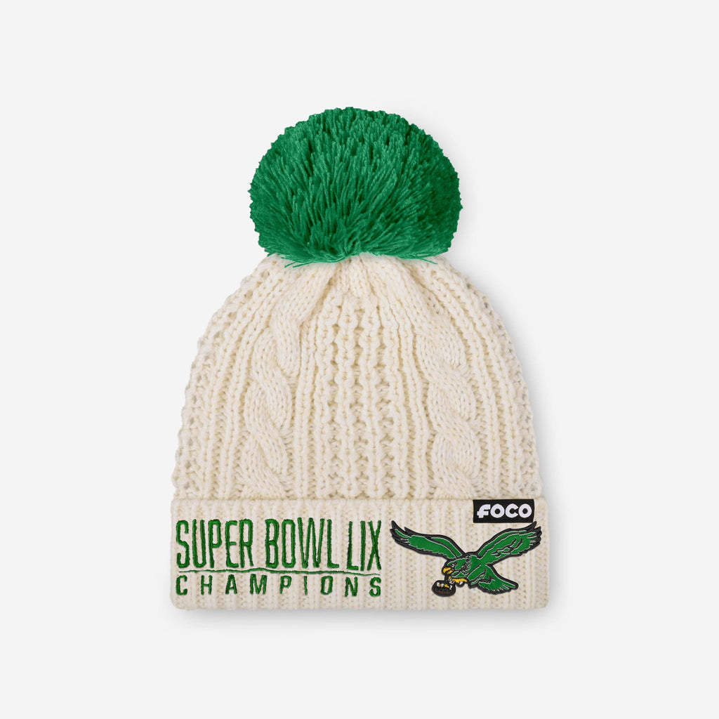 Philadelphia Eagles Super Bowl LIX Champions Retro Logo White Cable Knit Pom Beanie FOCO - FOCO.com