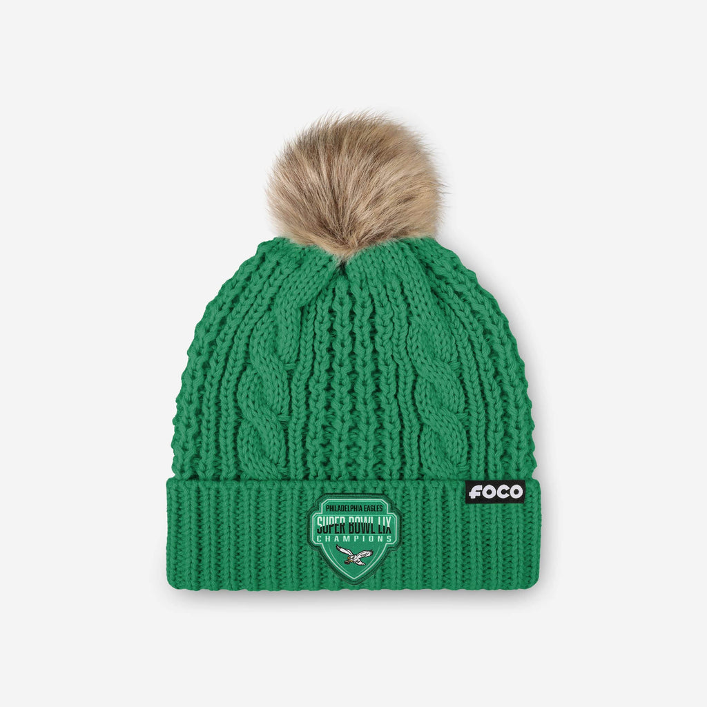 Philadelphia Eagles Super Bowl LIX Champions Retro Logo Kelly Green Cable Knit Pom Beanie FOCO - FOCO.com