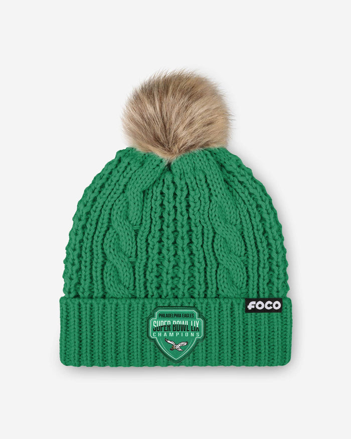 Philadelphia Eagles Super Bowl LIX Champions Retro Logo Kelly Green Cable Knit Pom Beanie FOCO - FOCO.com