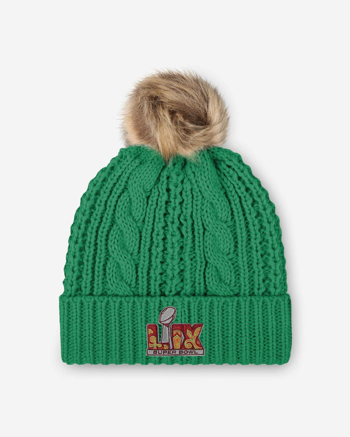 Philadelphia Eagles Super Bowl LIX Champions Retro Logo Kelly Green Cable Knit Pom Beanie FOCO - FOCO.com