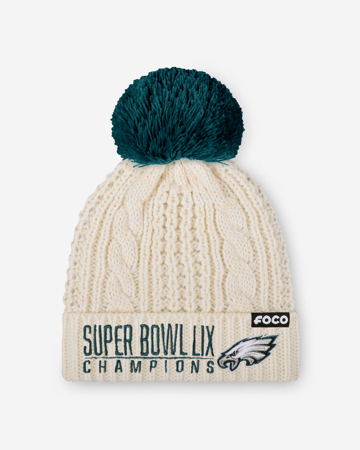 Philadelphia Eagles Super Bowl LIX Champions Primary Logo White Cable Knit Pom Beanie FOCO - FOCO.com