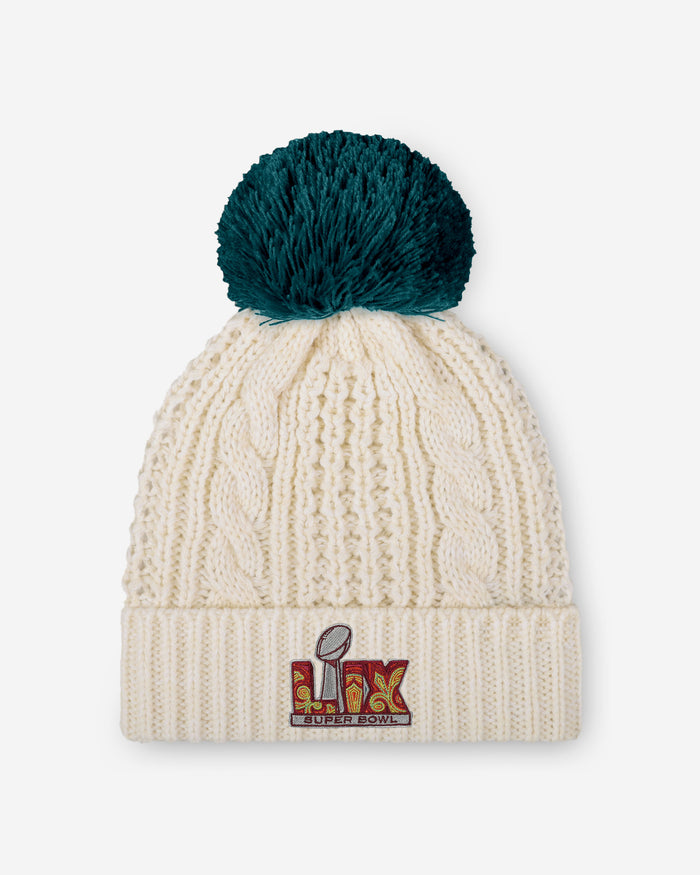 Philadelphia Eagles Super Bowl LIX Champions Primary Logo White Cable Knit Pom Beanie FOCO - FOCO.com