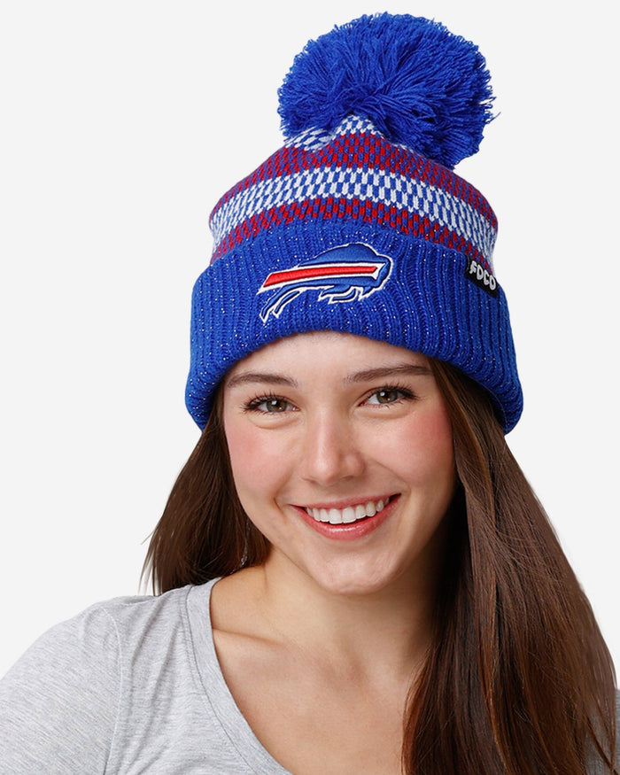 Buffalo Bills Womens Cozy Knit Metallic Thread Pom Beanie FOCO - FOCO.com