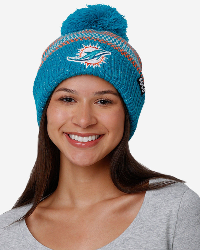 Miami Dolphins Womens Cozy Knit Metallic Thread Pom Beanie FOCO - FOCO.com