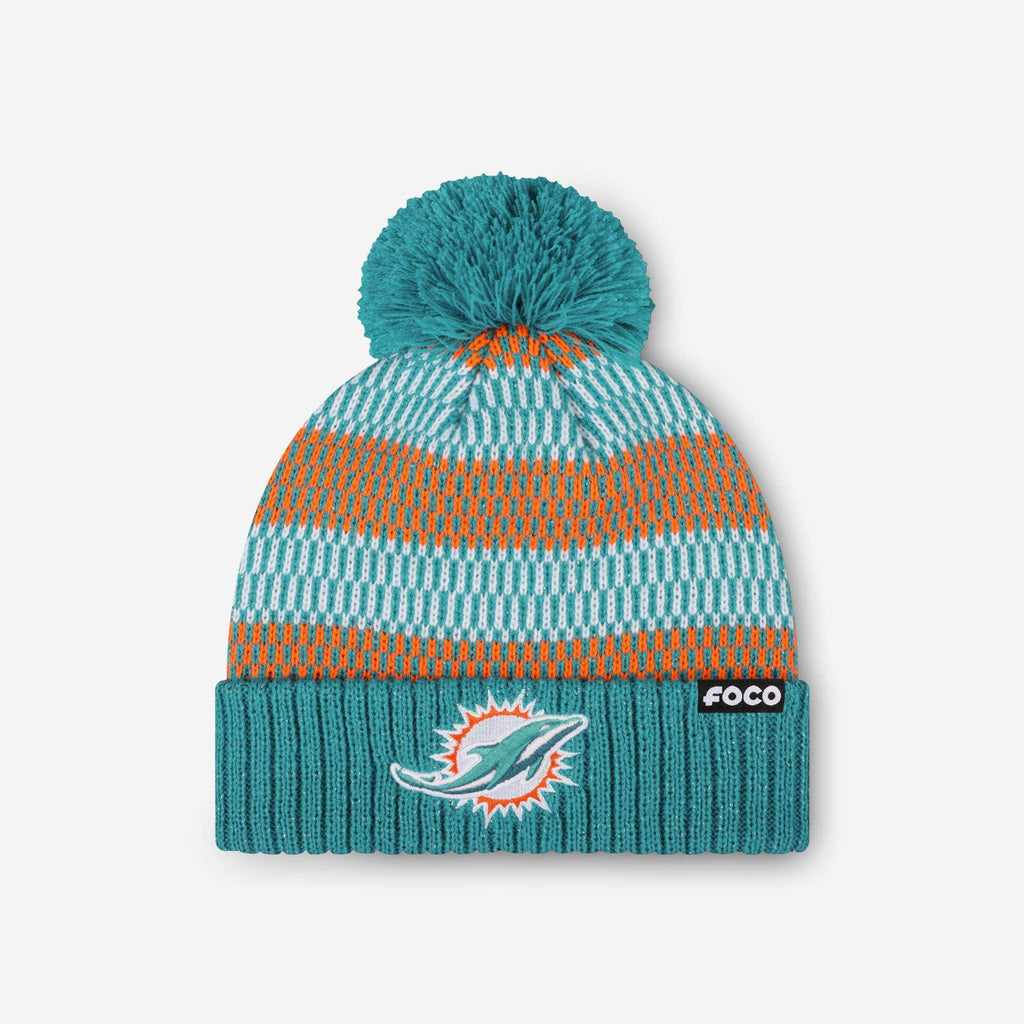 Miami Dolphins Womens Cozy Knit Metallic Thread Pom Beanie FOCO - FOCO.com