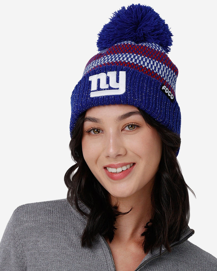 New York Giants Womens Cozy Knit Metallic Thread Pom Beanie FOCO - FOCO.com