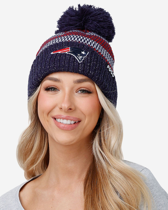 New England Patriots Womens Cozy Knit Metallic Thread Pom Beanie FOCO - FOCO.com