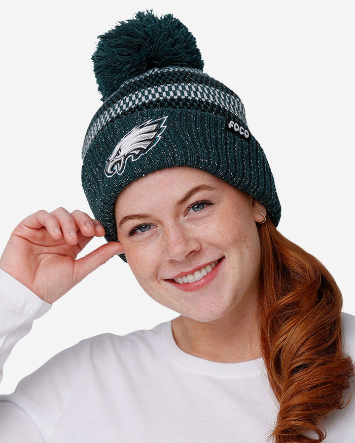 Philadelphia Eagles Womens Cozy Knit Metallic Thread Pom Beanie FOCO - FOCO.com