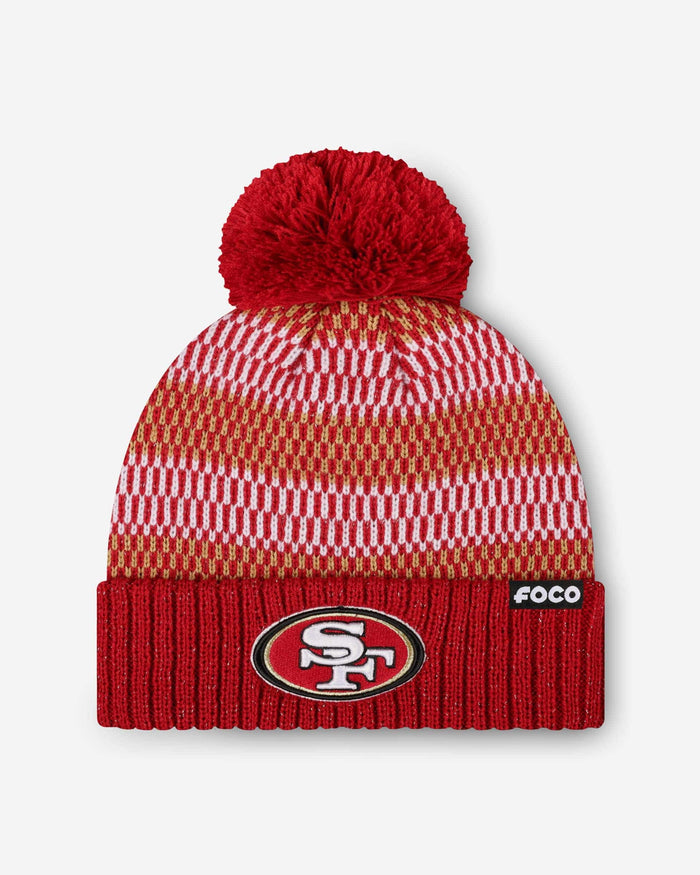 San Francisco 49ers Womens Cozy Knit Metallic Thread Pom Beanie FOCO - FOCO.com