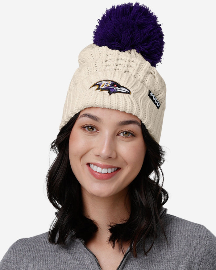 Baltimore Ravens Womens Primary Logo White Cable Knit Pom Beanie FOCO - FOCO.com