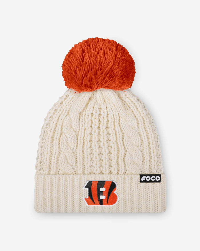 Cincinnati Bengals Womens Primary Logo White Cable Knit Pom Beanie FOCO - FOCO.com