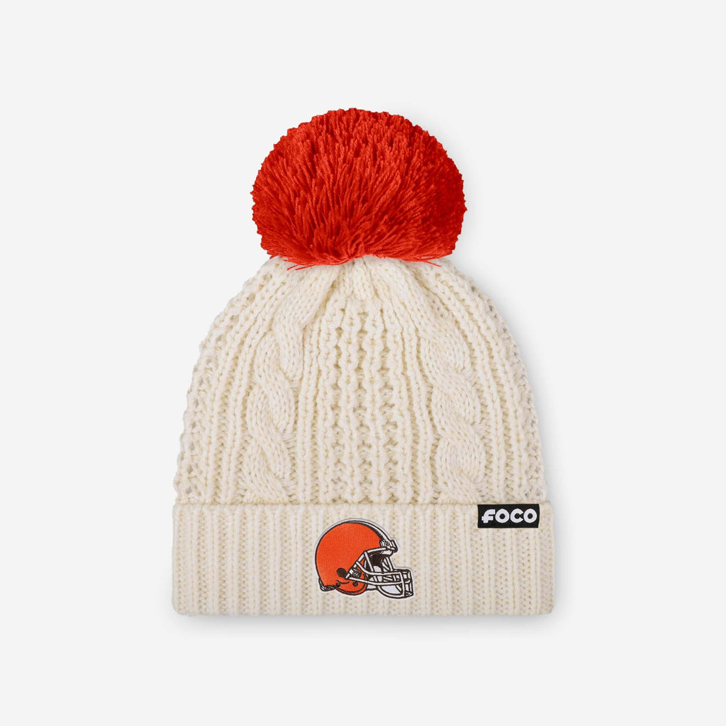 Cleveland Browns Womens Primary Logo White Cable Knit Pom Beanie FOCO - FOCO.com